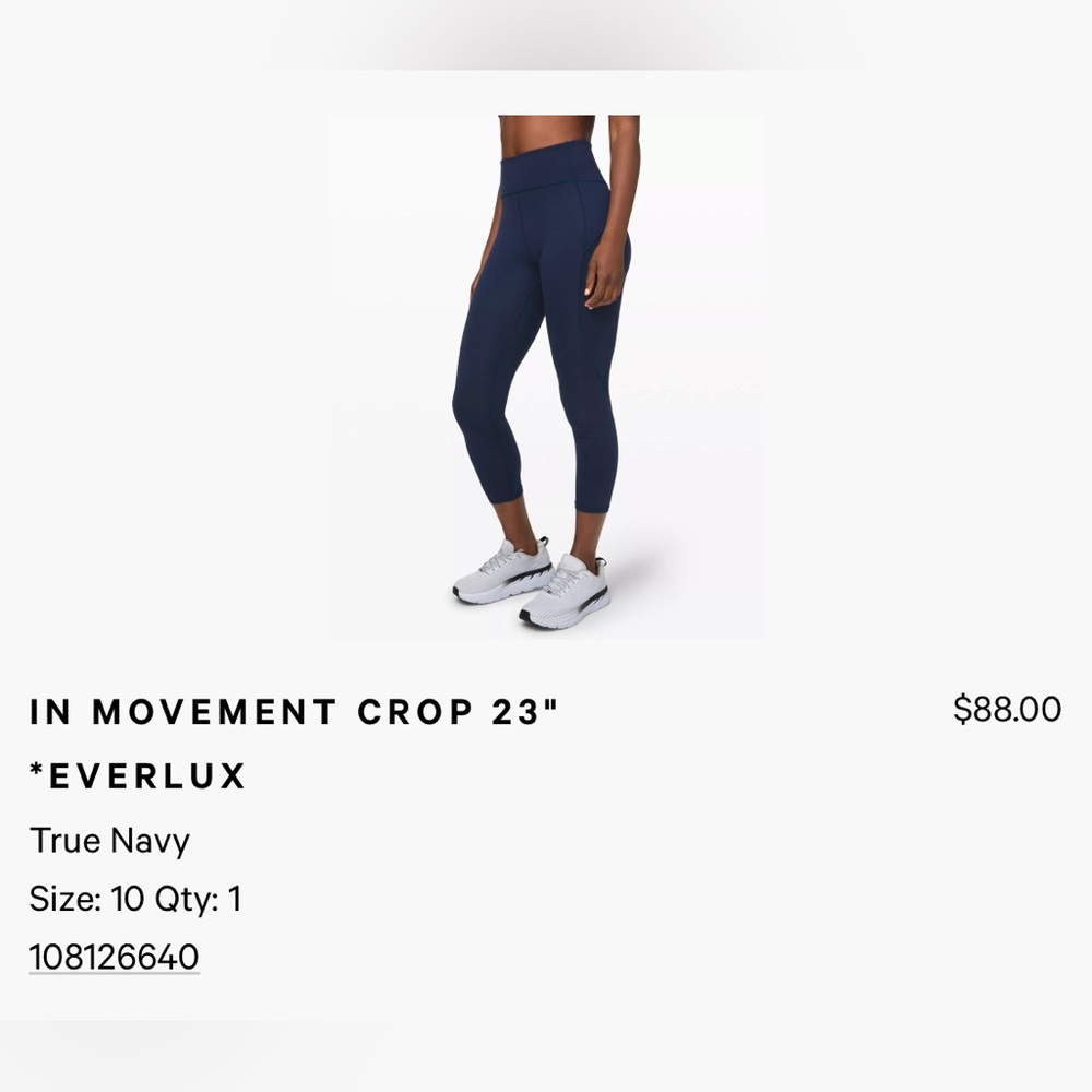 Lululemon In Movement Crop 23” size 10 Everlux leggings capris navy